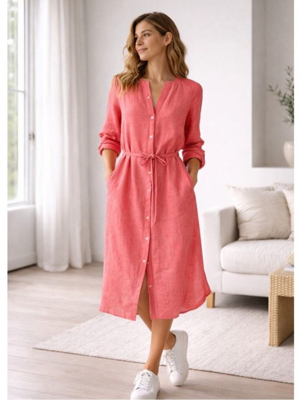 Loft Shirt Dress Midi LARGE Red Linen Blend Button Front Long Sleeve Loose Belt